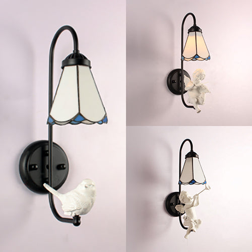Lisslune | White Glass Cone Wall Light Tiffany 1 Head Black Wall Mount Light with Trumpet/Violin/Bird Decoration