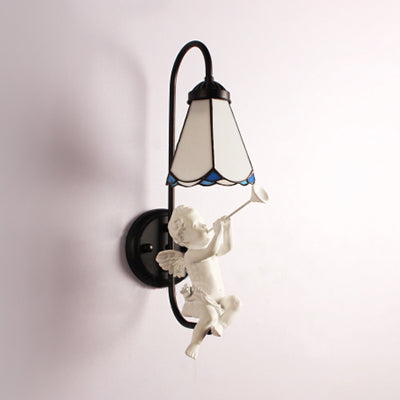 Lisslune | White Glass Cone Wall Light Tiffany 1 Head Black Wall Mount Light with Trumpet/Violin/Bird Decoration
