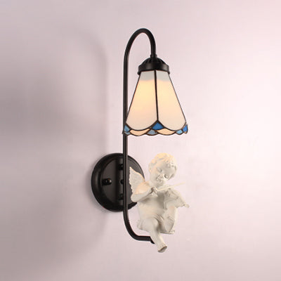 Lisslune | White Glass Cone Wall Light Tiffany 1 Head Black Wall Mount Light with Trumpet/Violin/Bird Decoration