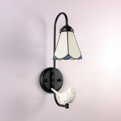 Lisslune | White Glass Cone Wall Light Tiffany 1 Head Black Wall Mount Light with Trumpet/Violin/Bird Decoration