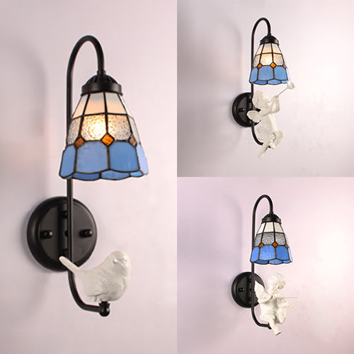 Lisslune | 1 Head Shade Wall Light Mediterranean Blue Stained Glass Wall Mounted Lighting with Trumpet/Violin/Bird Decoration