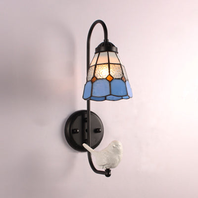Lisslune | 1 Head Shade Wall Light Mediterranean Blue Stained Glass Wall Mounted Lighting with Trumpet/Violin/Bird Decoration