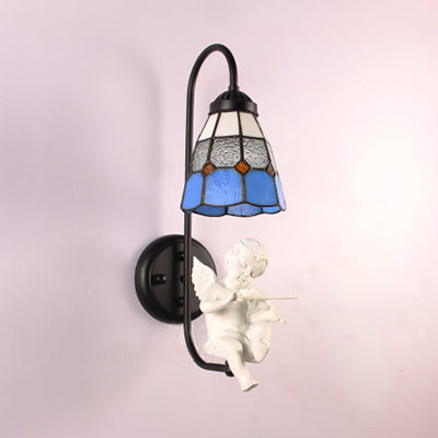 Lisslune | 1 Head Shade Wall Light Mediterranean Blue Stained Glass Wall Mounted Lighting with Trumpet/Violin/Bird Decoration