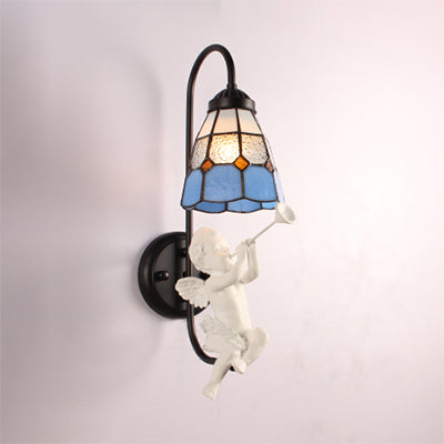 Lisslune | 1 Head Shade Wall Light Mediterranean Blue Stained Glass Wall Mounted Lighting with Trumpet/Violin/Bird Decoration