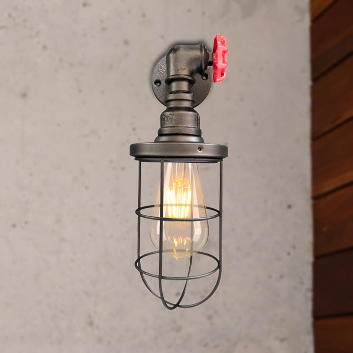 Lisslune | Wire frame corridor wall lamp iron 1 head farmhouse wall lighting with red shade design in antique bronze/black