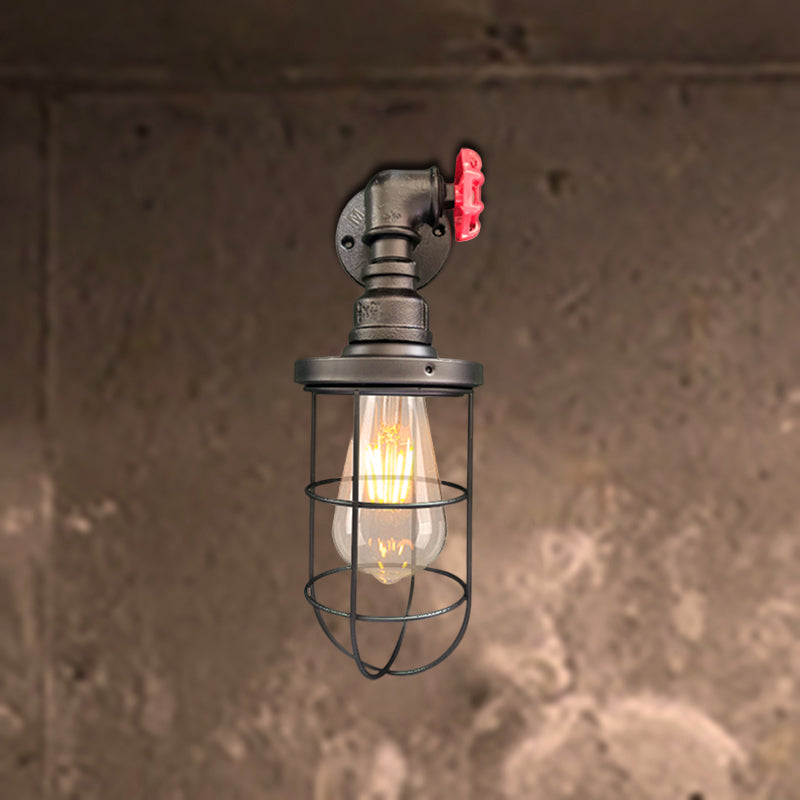 Lisslune | Wire frame corridor wall lamp iron 1 head farmhouse wall lighting with red shade design in antique bronze/black