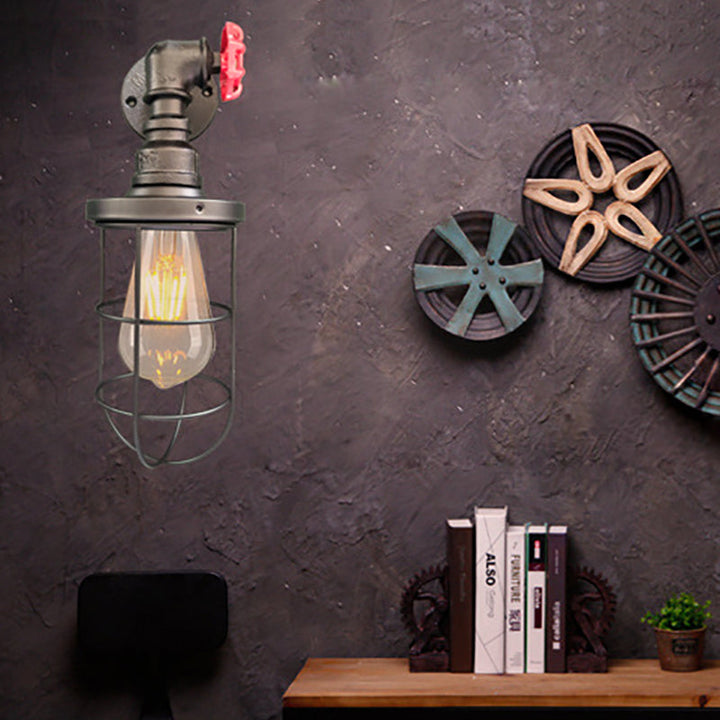Lisslune | Wire frame corridor wall lamp iron 1 head farmhouse wall lighting with red shade design in antique bronze/black