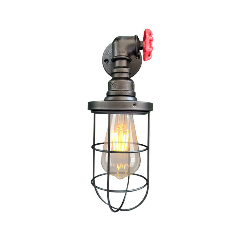 Lisslune | Wire frame corridor wall lamp iron 1 head farmhouse wall lighting with red shade design in antique bronze/black