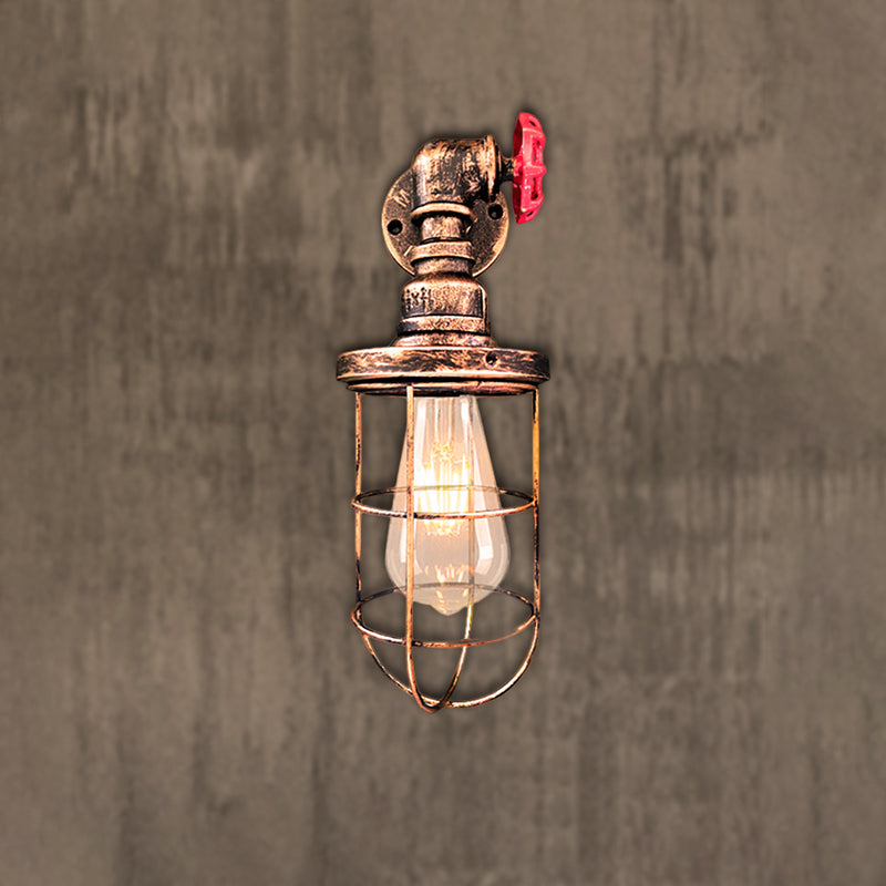 Lisslune | Wire frame corridor wall lamp iron 1 head farmhouse wall lighting with red shade design in antique bronze/black