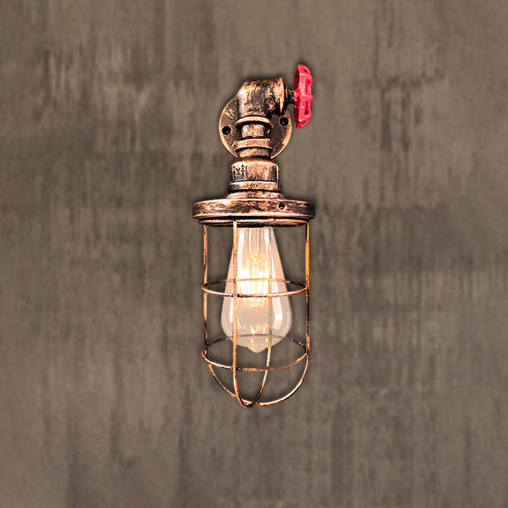 Lisslune | Wire frame corridor wall lamp iron 1 head farmhouse wall lighting with red shade design in antique bronze/black