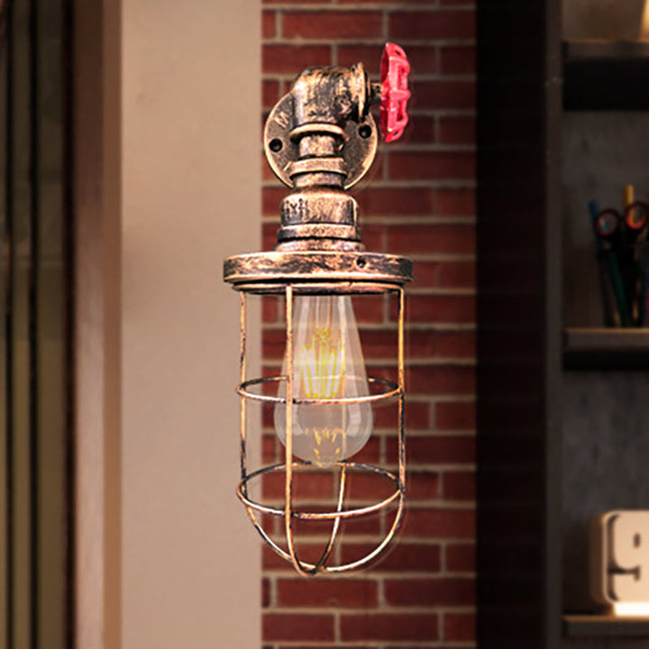 Lisslune | Wire frame corridor wall lamp iron 1 head farmhouse wall lighting with red shade design in antique bronze/black