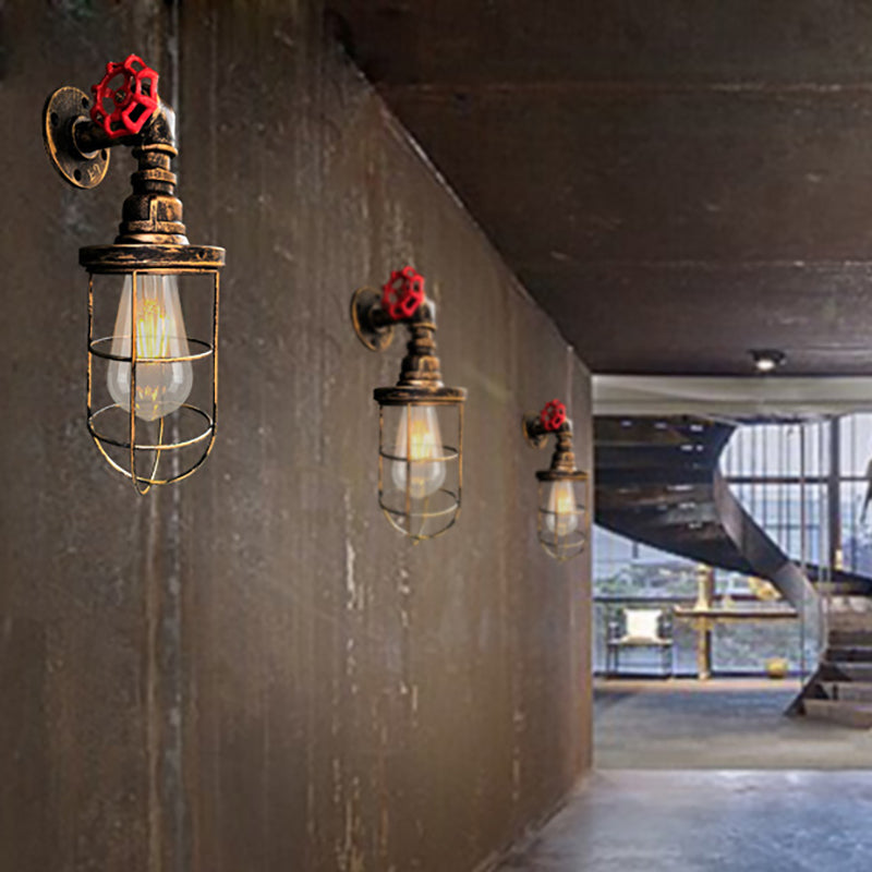 Lisslune | Wire frame corridor wall lamp iron 1 head farmhouse wall lighting with red shade design in antique bronze/black