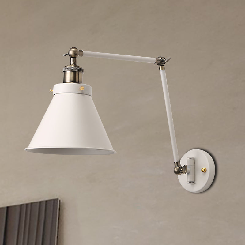 Lisslune | Cone Wall Lamp Fixture Industrial Style Metal 1 Bulb Black/White Wall Light with Swing Arm for Bedroom