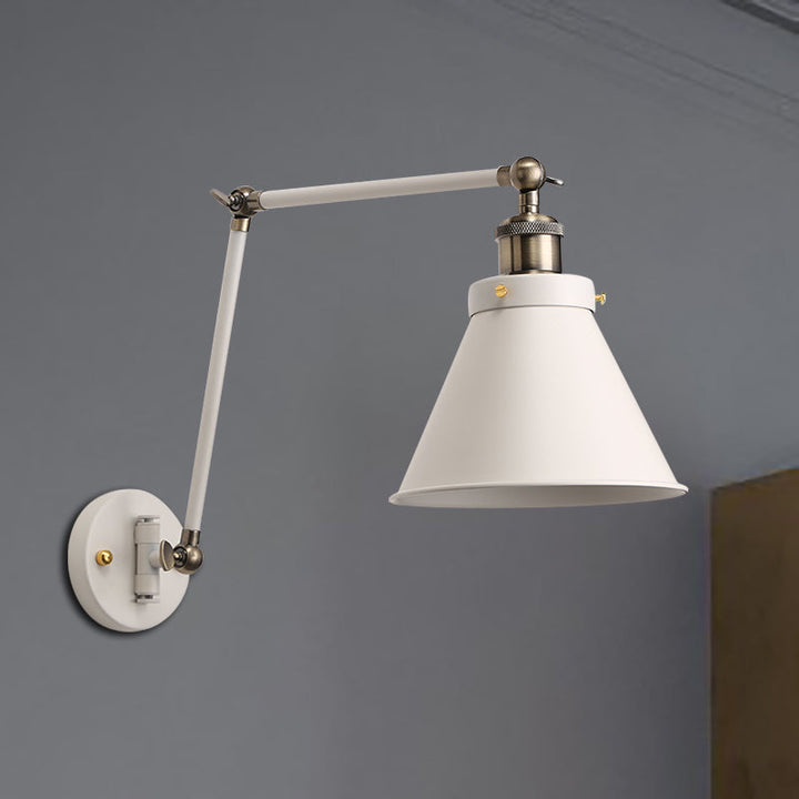 Lisslune | Cone Wall Lamp Fixture Industrial Style Metal 1 Bulb Black/White Wall Light with Swing Arm for Bedroom