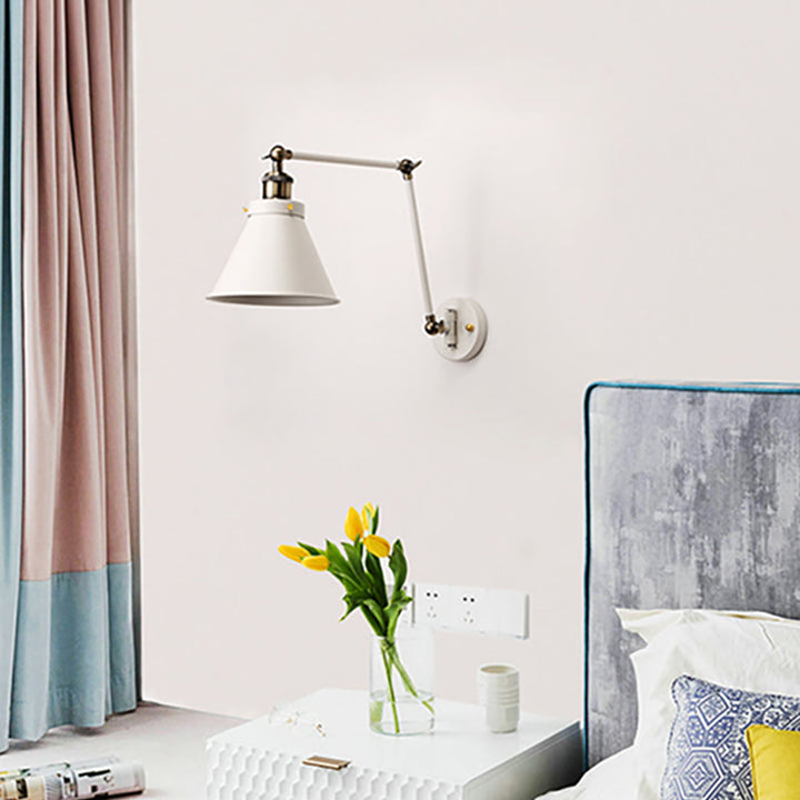 Lisslune | Cone Wall Lamp Fixture Industrial Style Metal 1 Bulb Black/White Wall Light with Swing Arm for Bedroom