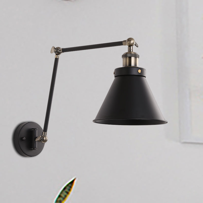 Lisslune | Cone Wall Lamp Fixture Industrial Style Metal 1 Bulb Black/White Wall Light with Swing Arm for Bedroom