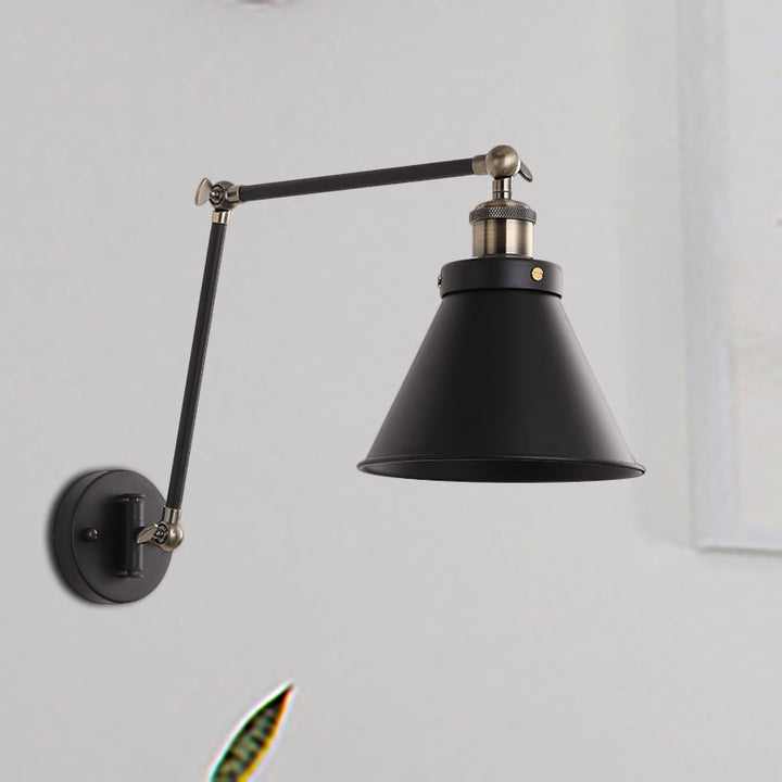 Lisslune | Cone Wall Lamp Fixture Industrial Style Metal 1 Bulb Black/White Wall Light with Swing Arm for Bedroom