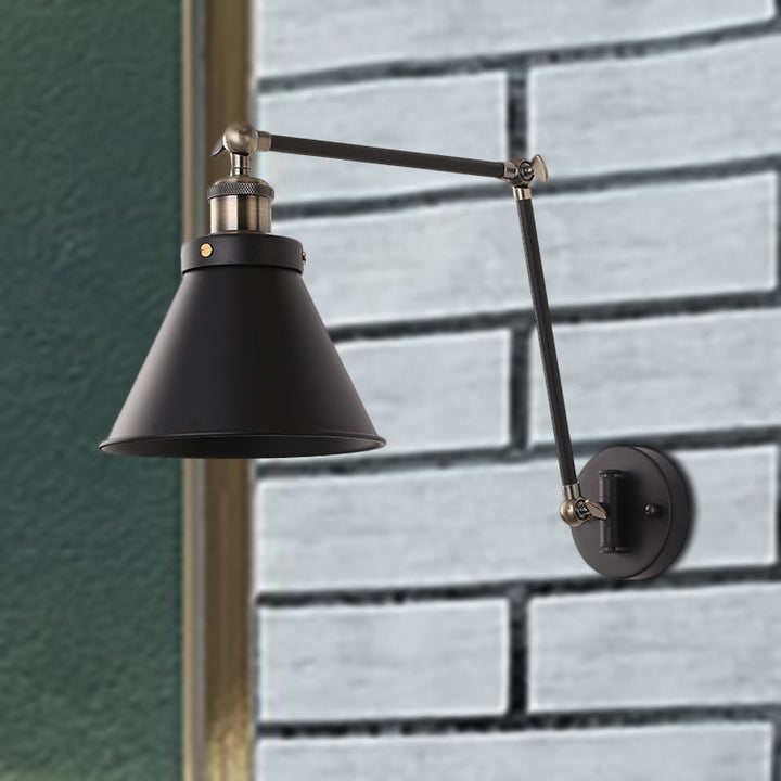 Lisslune | Cone Wall Lamp Fixture Industrial Style Metal 1 Bulb Black/White Wall Light with Swing Arm for Bedroom