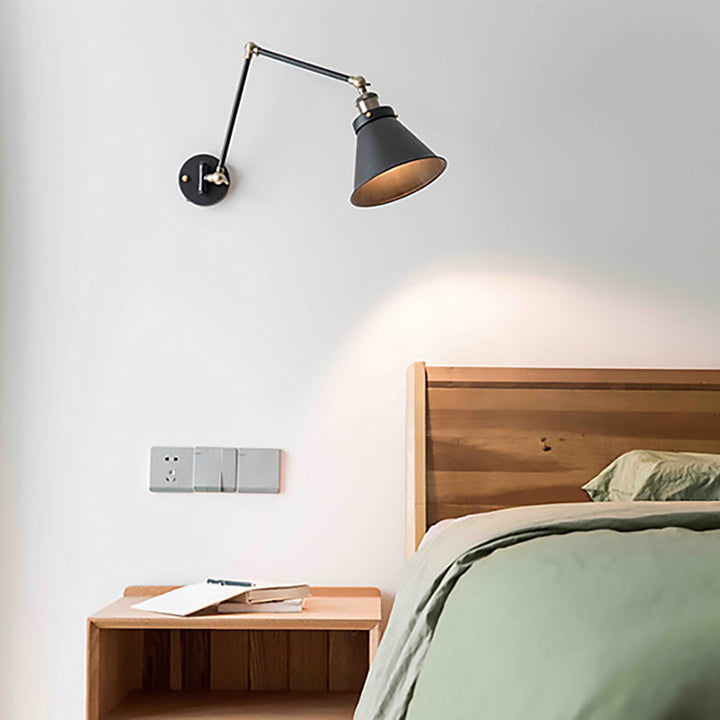 Lisslune | Cone Wall Lamp Fixture Industrial Style Metal 1 Bulb Black/White Wall Light with Swing Arm for Bedroom
