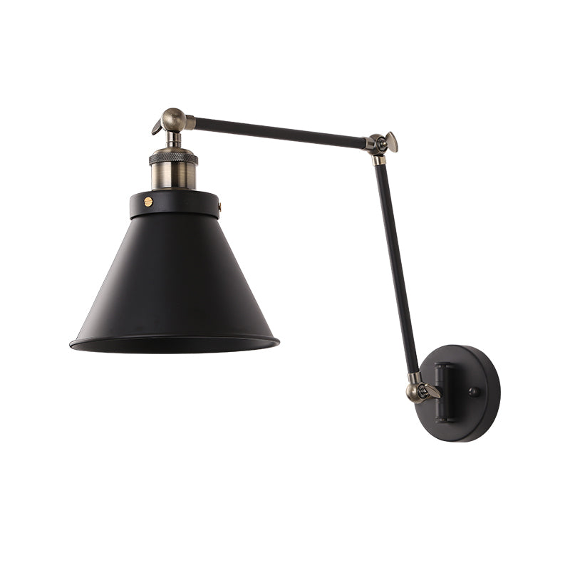 Lisslune | Cone Wall Lamp Fixture Industrial Style Metal 1 Bulb Black/White Wall Light with Swing Arm for Bedroom