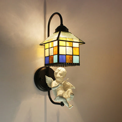 Lisslune | House Stained Glass Wall Light Baroque 1 Head Black Wall Mounted Lamp with Boy/Bird/Angel Decoration