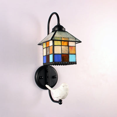 Lisslune | House Stained Glass Wall Light Baroque 1 Head Black Wall Mounted Lamp with Boy/Bird/Angel Decoration