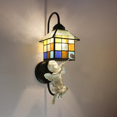 Lisslune | House Stained Glass Wall Light Baroque 1 Head Black Wall Mounted Lamp with Boy/Bird/Angel Decoration