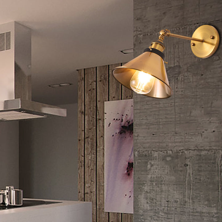 Lisslune | Rotatable Barn/Cone Shade Wall Lamp Industrial Style Metal 1 Head Wall Lighting Fixture in Brass for Kitchen
