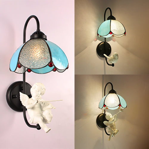 Lisslune | Blue Petal Wall Lamp Tiffany 1 Head Stained Glass Wall Light with Bird/Trumpet/Mailing Decoration