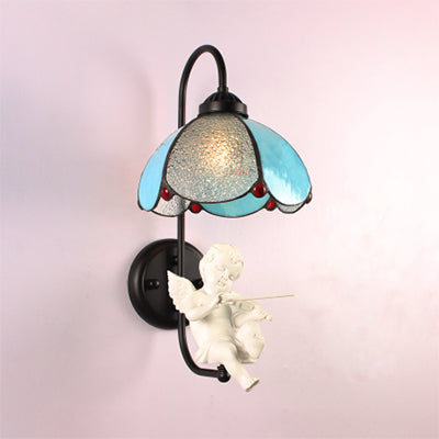 Lisslune | Blue Petal Wall Lamp Tiffany 1 Head Stained Glass Wall Light with Bird/Trumpet/Mailing Decoration