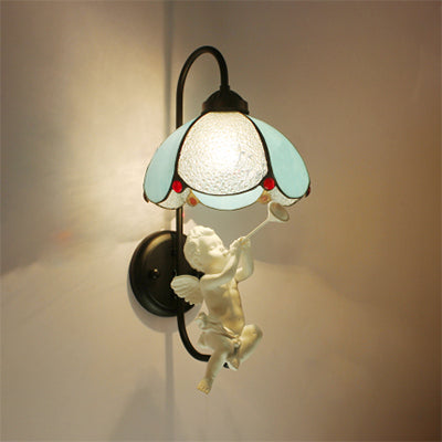 Lisslune | Blue Petal Wall Lamp Tiffany 1 Head Stained Glass Wall Light with Bird/Trumpet/Mailing Decoration