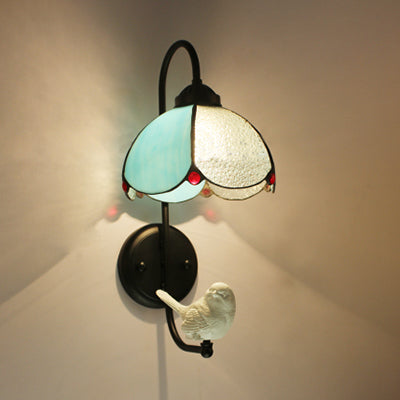 Lisslune | Blue Petal Wall Lamp Tiffany 1 Head Stained Glass Wall Light with Bird/Trumpet/Mailing Decoration