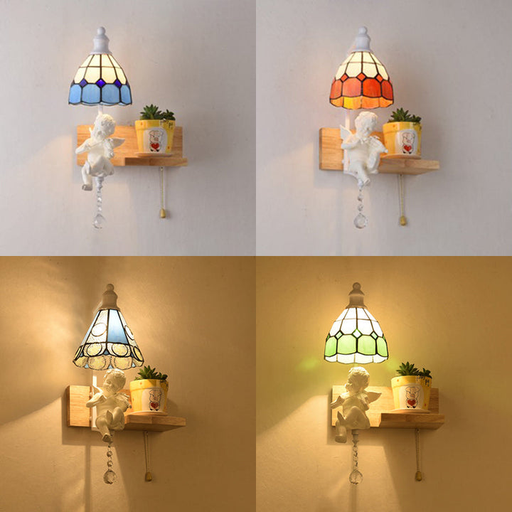 Lisslune | Tiffany Scalloped Wall Mount Fixture Stained Glass 1 Light Wall Lamp with Amor Decoration in Yellow/Orange/Green/Clear/Blue