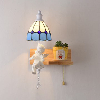 Lisslune | Tiffany Scalloped Wall Mount Fixture Stained Glass 1 Light Wall Lamp with Amor Decoration in Yellow/Orange/Green/Clear/Blue