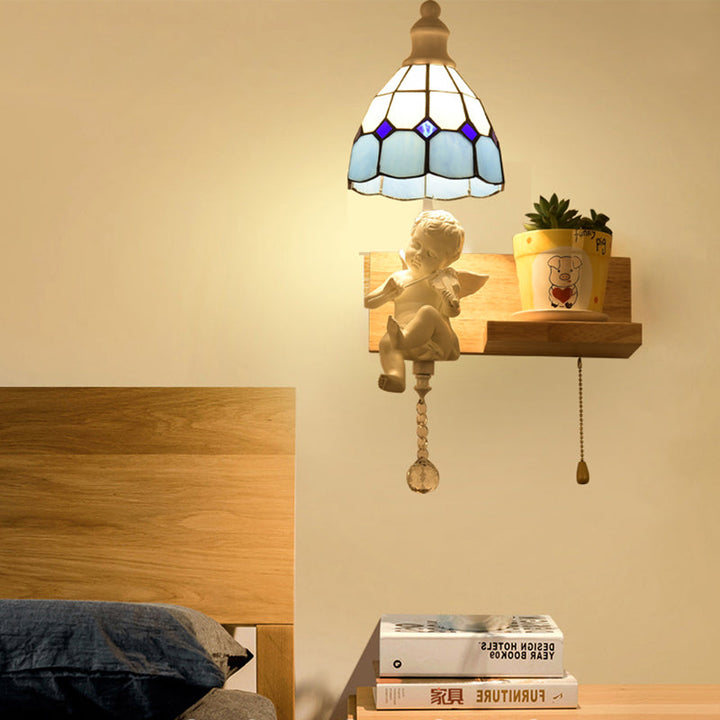Lisslune | Tiffany Scalloped Wall Mount Fixture Stained Glass 1 Light Wall Lamp with Amor Decoration in Yellow/Orange/Green/Clear/Blue