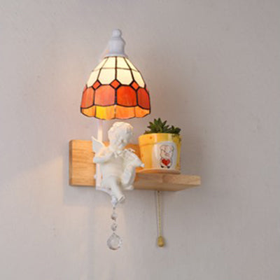 Lisslune | Tiffany Scalloped Wall Mount Fixture Stained Glass 1 Light Wall Lamp with Amor Decoration in Yellow/Orange/Green/Clear/Blue