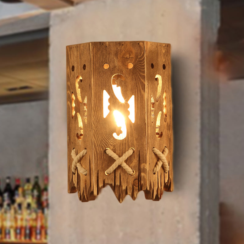 Lisslune | Wood Cylinder Shade Wall Lamp Country Style 1 Head Brown Wall Light for Restaurant