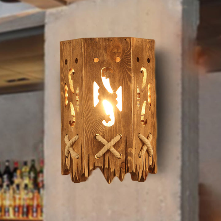 Lisslune | Wood Cylinder Shade Wall Lamp Country Style 1 Head Brown Wall Light for Restaurant