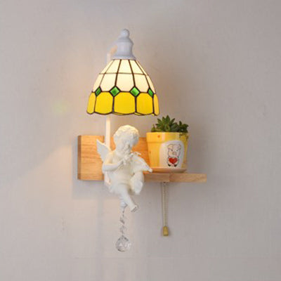 Lisslune | Tiffany Scalloped Wall Mount Fixture Stained Glass 1 Light Wall Lamp with Amor Decoration in Yellow/Orange/Green/Clear/Blue