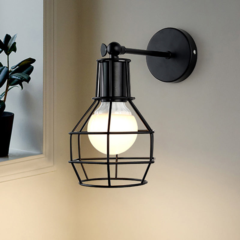 Lisslune | Globe Bedroom Wall Light Lamp Metal 1 Head Industrial Style Rotatable Wall Lamp with Wire Guard in Black