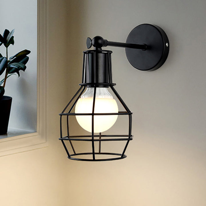 Lisslune | Globe Bedroom Wall Light Lamp Metal 1 Head Industrial Style Rotatable Wall Lamp with Wire Guard in Black