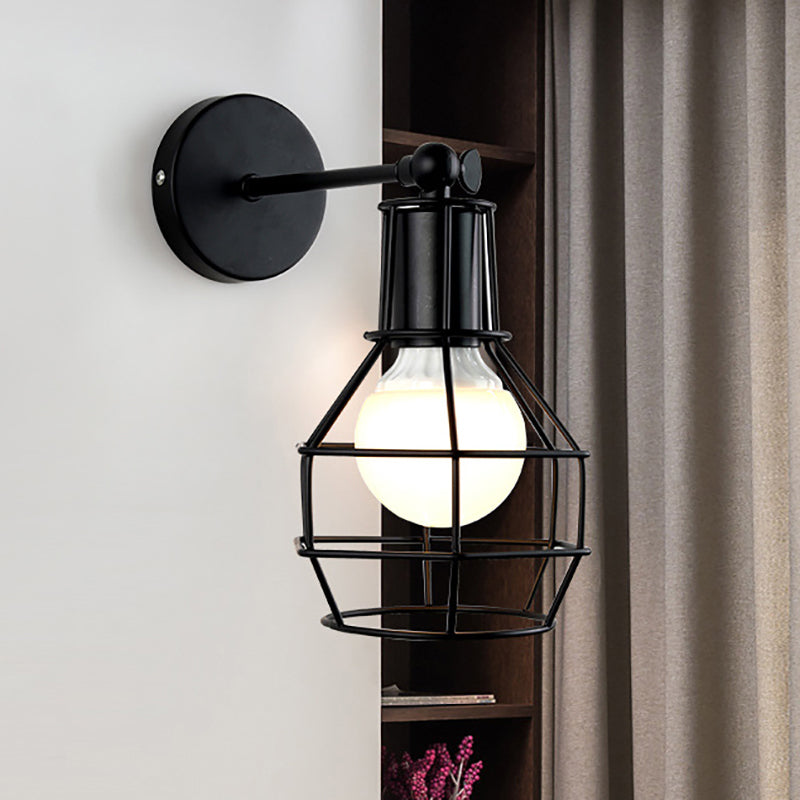 Lisslune | Globe Bedroom Wall Light Lamp Metal 1 Head Industrial Style Rotatable Wall Lamp with Wire Guard in Black