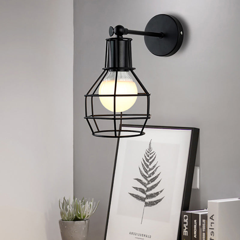 Lisslune | Globe Bedroom Wall Light Lamp Metal 1 Head Industrial Style Rotatable Wall Lamp with Wire Guard in Black