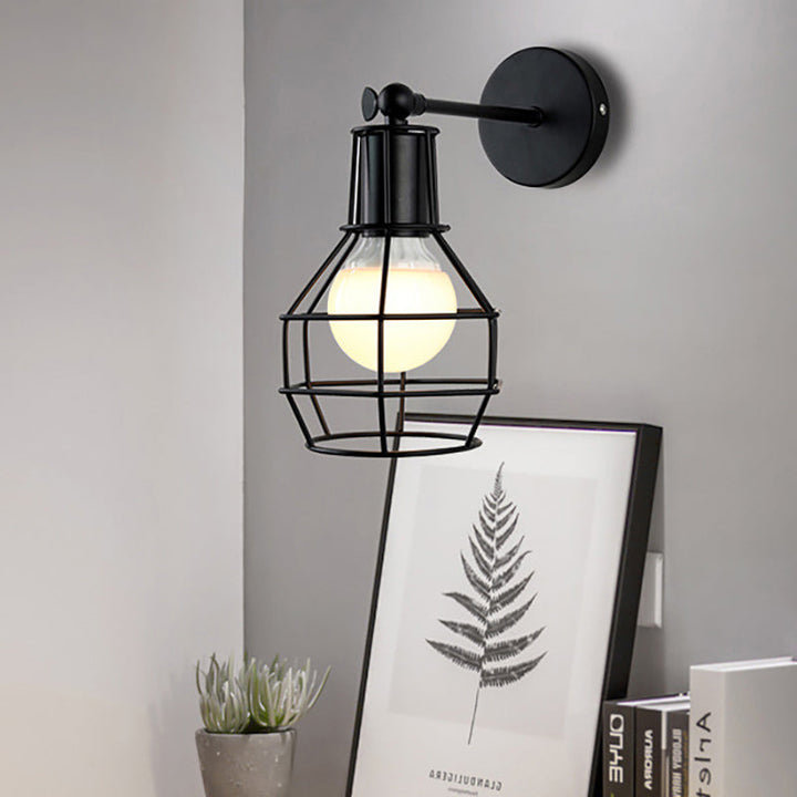 Lisslune | Globe Bedroom Wall Light Lamp Metal 1 Head Industrial Style Rotatable Wall Lamp with Wire Guard in Black