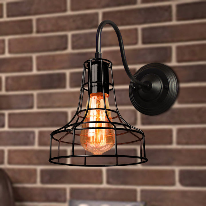 Lisslune | Metal Shed Wall Lamp Industrial Style 1 Lamp Black Wall Mounted Lamp with Wire Frame and Gooseneck Arm
