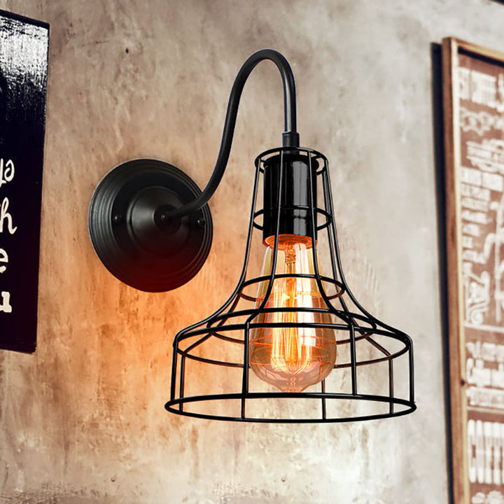 Lisslune | Metal Shed Wall Lamp Industrial Style 1 Lamp Black Wall Mounted Lamp with Wire Frame and Gooseneck Arm