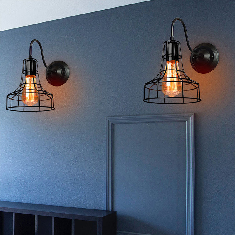 Lisslune | Metal Shed Wall Lamp Industrial Style 1 Lamp Black Wall Mounted Lamp with Wire Frame and Gooseneck Arm