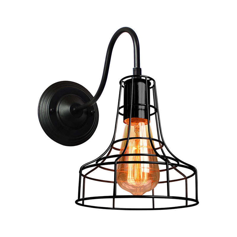 Lisslune | Metal Shed Wall Lamp Industrial Style 1 Lamp Black Wall Mounted Lamp with Wire Frame and Gooseneck Arm