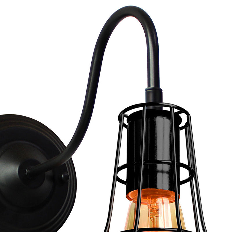 Lisslune | Metal Shed Wall Lamp Industrial Style 1 Lamp Black Wall Mounted Lamp with Wire Frame and Gooseneck Arm