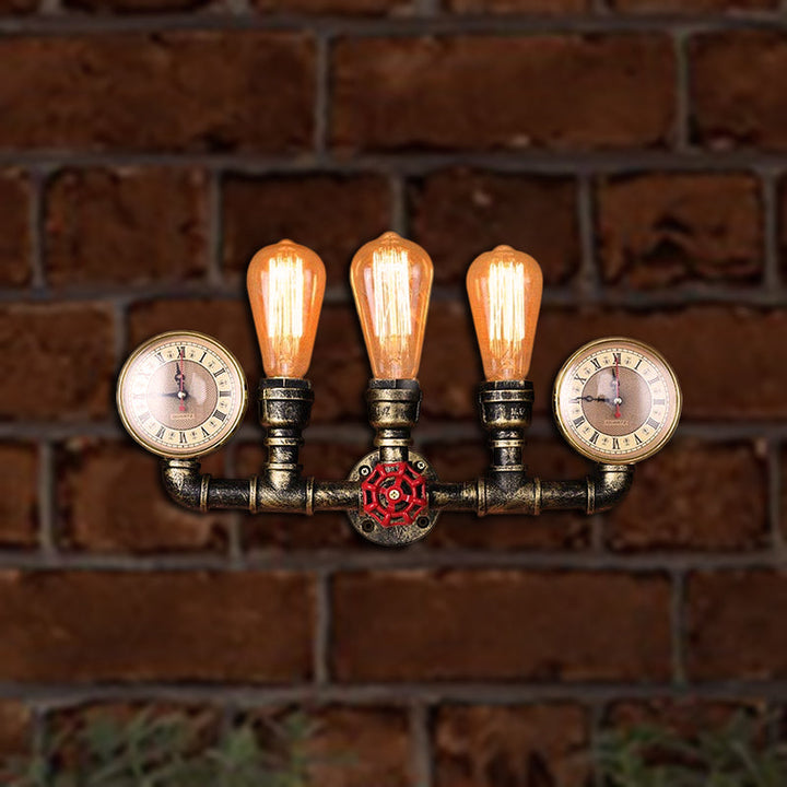 Lisslune | Antique Brass Pipe Wall Lamp Rustic Stylish 3 Heads Wrought Iron Wall Lamp Fixture with Manometer and Valve Deco